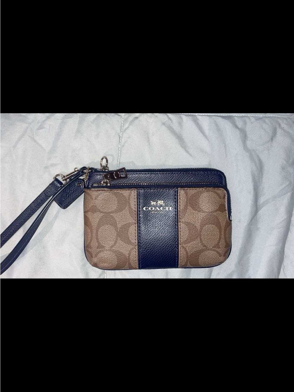 Coach Brown Signature Canvas Wristlet with Navy Leather Trim